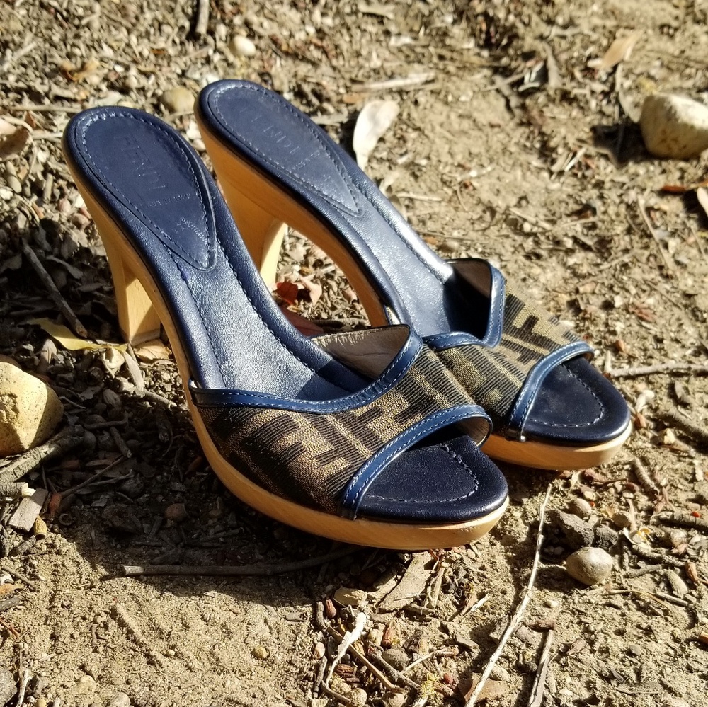 Fendi Open Toe Kitten Heel Zucca Print Navy